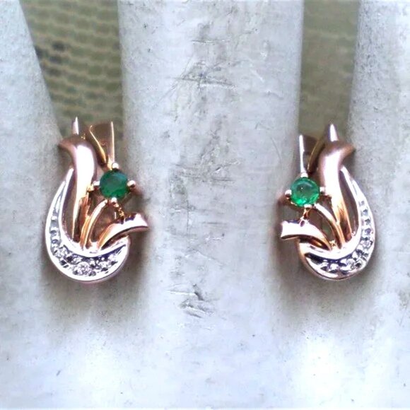 European Solid 14K 585 Rose Pink White Gold Emerald Diamond Flower Earrings